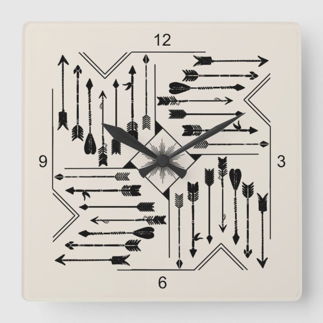 Boho Arrows and Sun V12 Sq ID748 Square Wall Clock (Front)