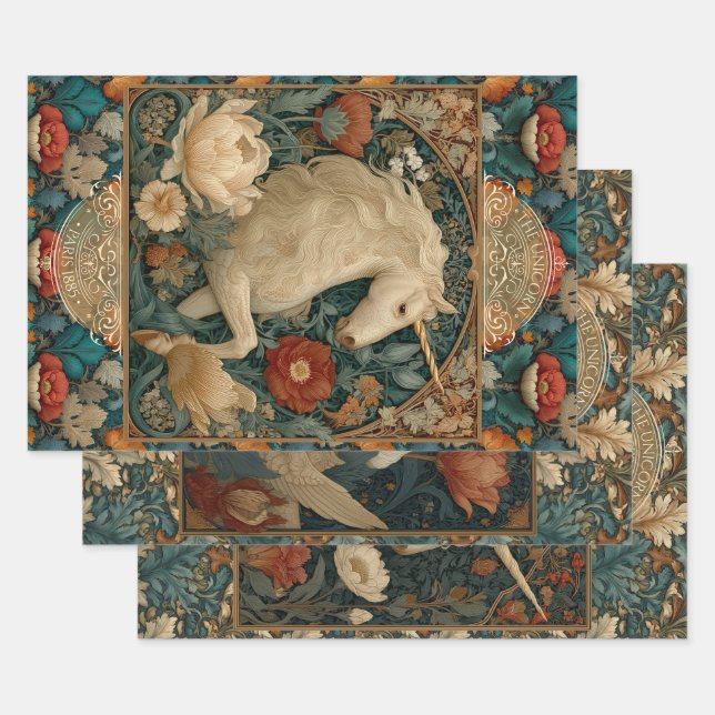 Boho Art Nouveau Floral Unicorn Wrapping Paper Sheets (Set)
