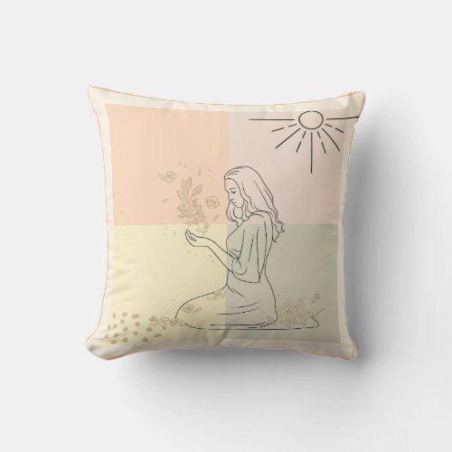 Boho art sytle desig  Girl with Flower Throw Pill Throw Pillow