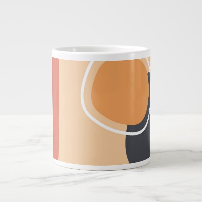 Boho art, terracotta red, blue, white line art giant coffee mug (Front)