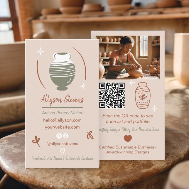 Boho Artisan Pottery Maker Crafts photo qr code Business Card (Boho Artisan Pottery Maker Crafts photo qr code Business Card)