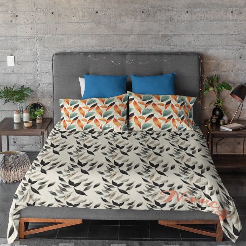 Boho artistic white black leaves duvet cover