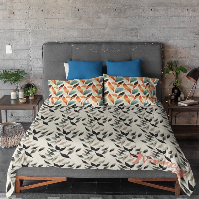 Boho artistic white black leaves duvet cover (Creator Uploaded)