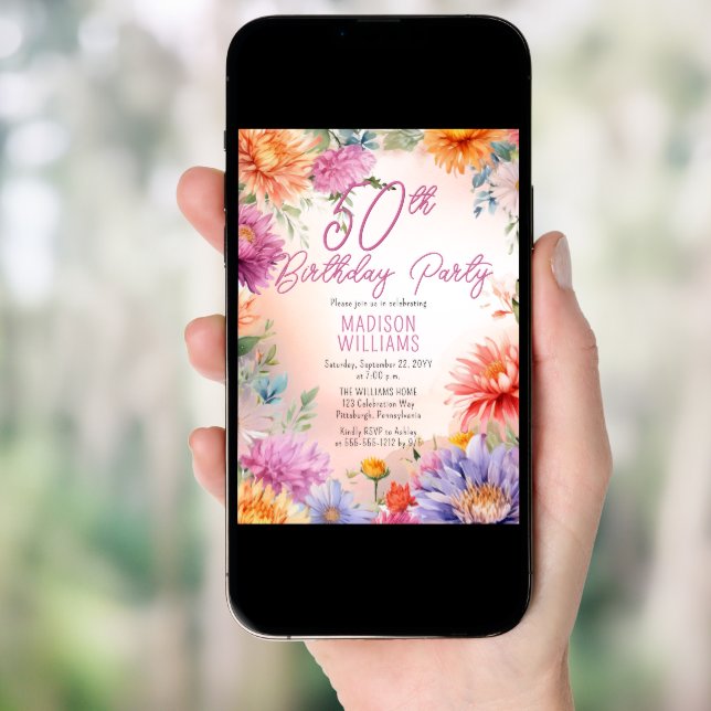 Boho Aster Flowers Floral 50th Birthday Party Invitation (Front Digital)