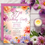 Boho Aster Flowers Floral 80th Birthday Party Invitation<br><div class="desc">Elegant bohemian style aster flowers floral design "80th Birthday Party" design,  featuring a floral frame of asters in a variety of colors,  including purple,  magenta rose pink and golden and butter yellow,  on a pastel-toned watercolor background.</div>