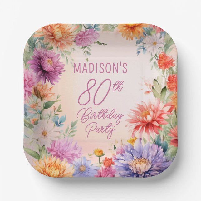 Boho Aster Flowers Floral 80th Birthday Party Paper Plates (Front)