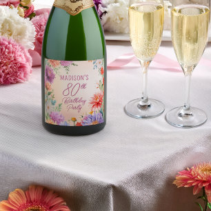 Boho Aster Flowers Floral 80th Birthday Party Sparkling Wine Label