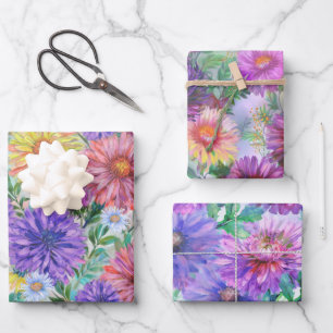 Boho Aster Flowers Floral Wrapping Paper Sheets