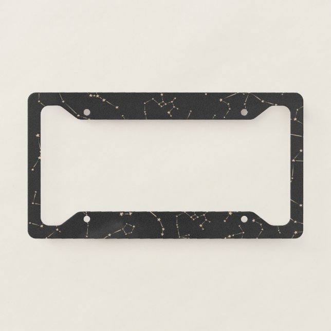Boho Astrology Constellations and Stars Black Gold License Plate Frame (Front)