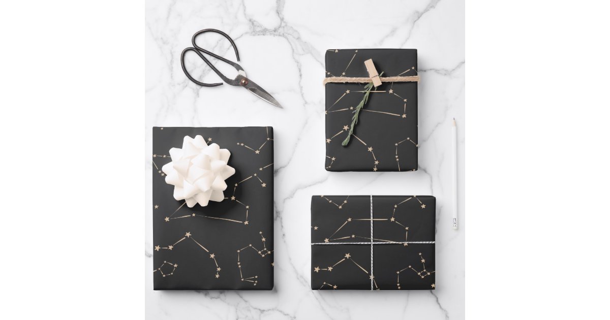 Boho Astrology Constellations and Stars Black Gold Wrapping Paper ...