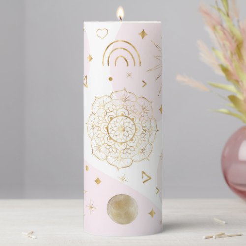 Boho Astrology Gold Celestial Pattern Pillar Candle