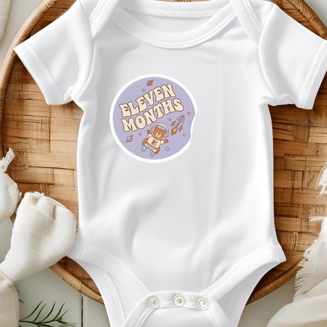 Boho Astronaut Bear Baby Eleven Months Milestone Classic Round Sticker (Creator Uploaded)