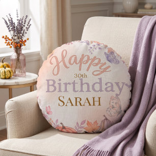 Boho Autumn Birthday Pumpkin Custom  Round Pillow
