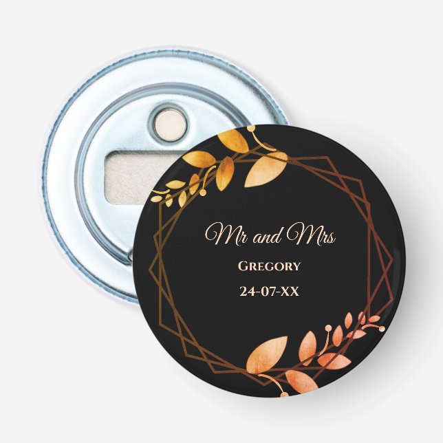Boho autumn botanical gold frame wedding bottle opener (Front)