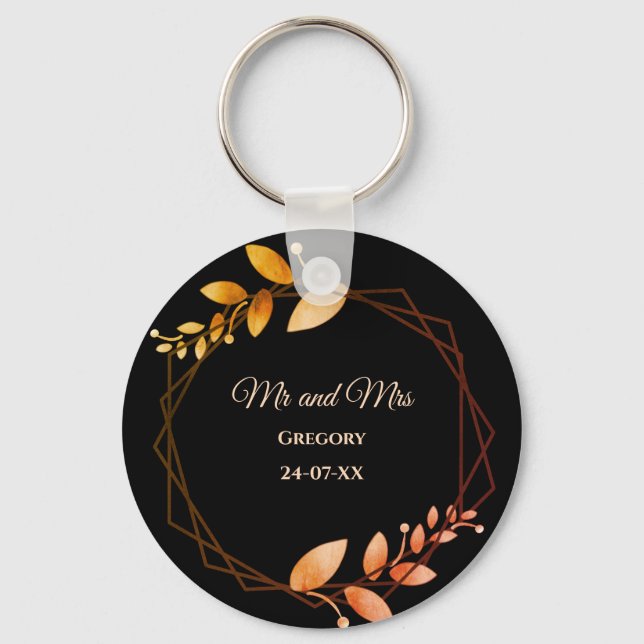 Boho autumn botanical gold frame wedding keychain (Front)