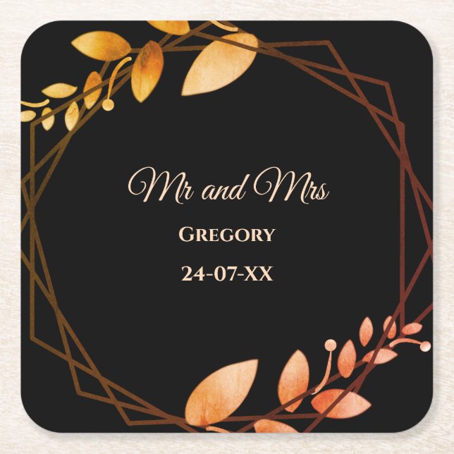 Boho autumn botanical gold frame wedding square paper coaster (Front)