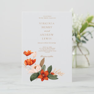 Boho autumn bouquet with fiery tulips and white fl invitation