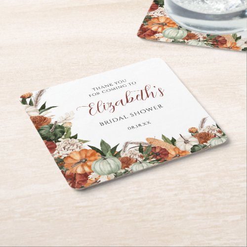 Boho Autumn Bridal Shower Square Paper Coaster