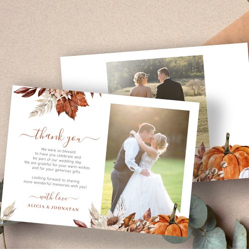 Boho autumn fall 2 photos elegant script wedding thank you card