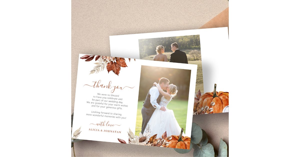 Boho autumn fall 2 photos elegant script wedding thank you card | Zazzle