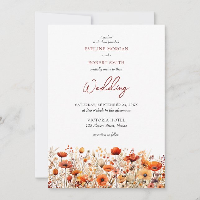 Boho autumn fall wild flowers wedding invite (Front)