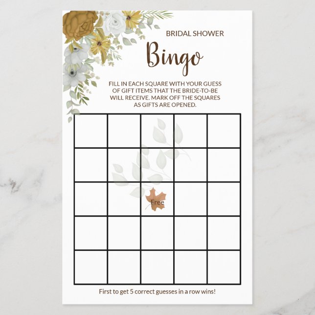 Boho Autumn Floral Bridal Shower Bingo Game Card F Flyer (Front)