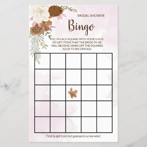 Boho Autumn Floral Bridal Shower Bingo Game Card Flyer