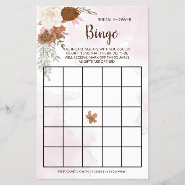 Boho Autumn Floral Bridal Shower Bingo Game Card Flyer (Front)