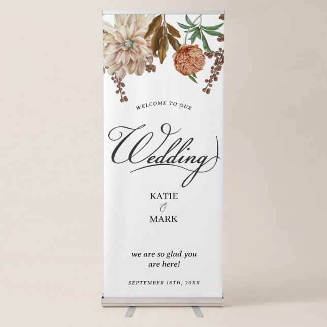 Boho Autumn Floral Calligraphy Classy Wedding  Retractable Banner (Front)