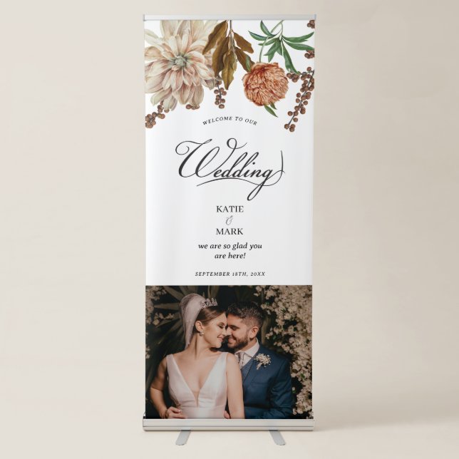 Boho Autumn Floral Calligraphy Wedding Photo Retractable Banner (Front)