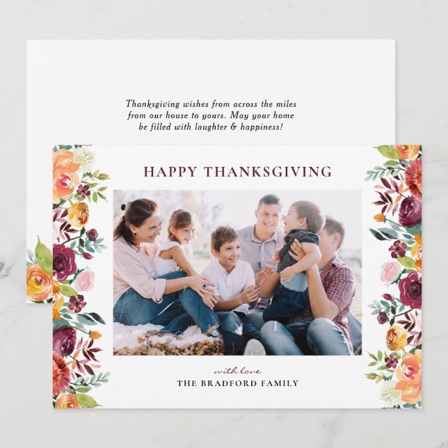 Boho Autumn Floral Frame Photo Happy Thanksgiving Holiday Card (Front/Back)