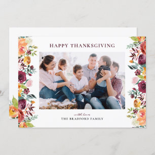 Boho Autumn Floral Frame Photo Happy Thanksgiving Holiday Card