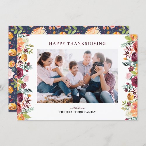 Boho Autumn Floral Frame Photo Happy Thanksgiving Holiday Card