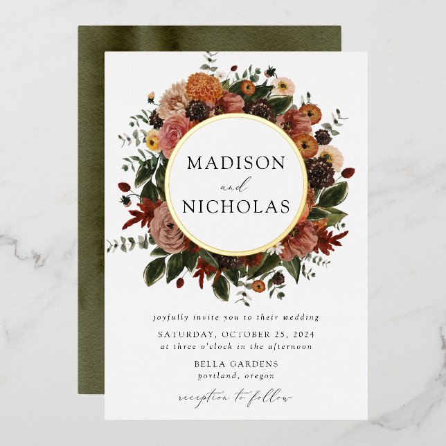 Boho Autumn Floral Frame Wedding Foil Invitation (Front/Back)