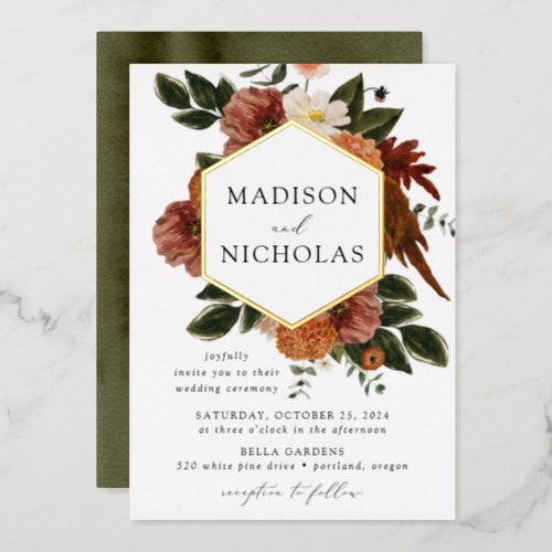 Boho Autumn Floral Frame Wedding Foil Invitation
