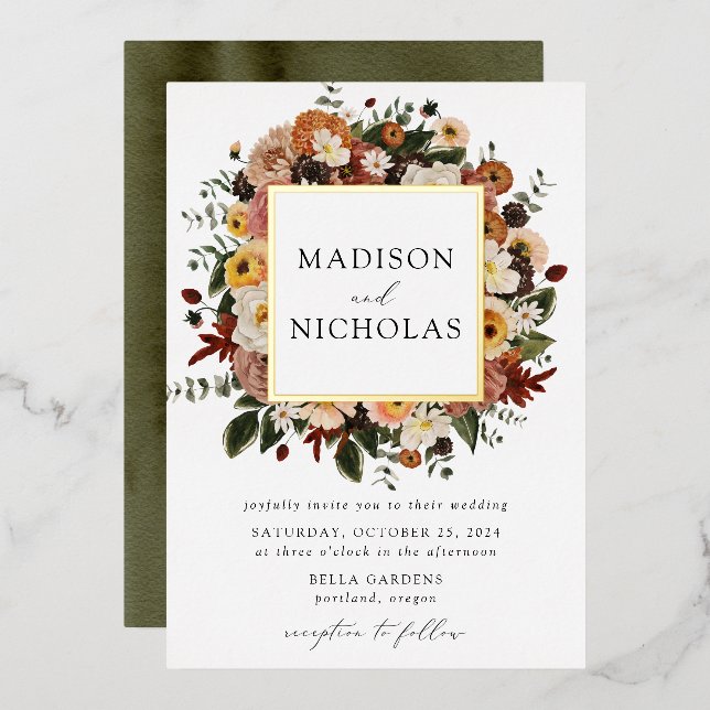 Boho Autumn Floral Frame Wedding Foil Invitation (Front/Back)