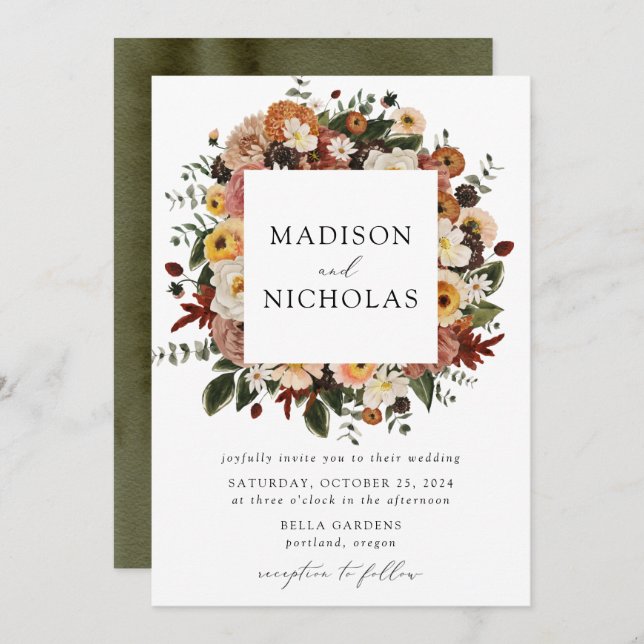 Boho Autumn Floral Frame Wedding Invitation (Front/Back)