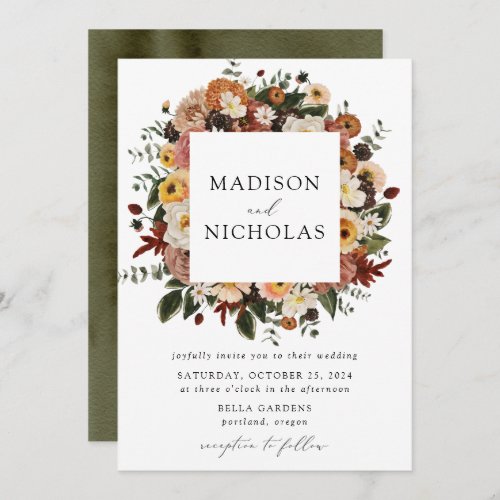Boho Autumn Floral Frame Wedding Invitation