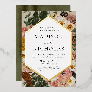 Boho Autumn Floral Geometric Frame Wedding Foil Invitation