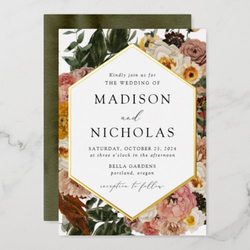 Boho Autumn Floral Geometric Frame Wedding Foil Invitation