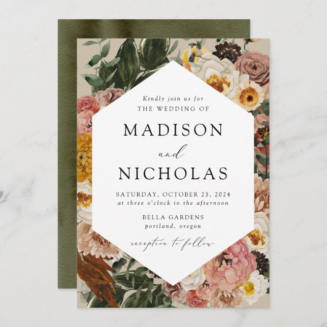 Boho Autumn Floral Geometric Frame Wedding Invitation (Front/Back)
