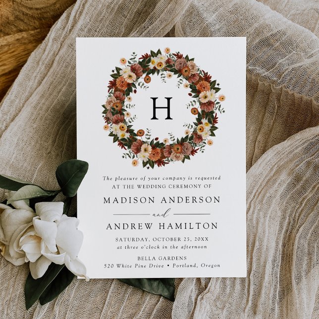 Boho Autumn Floral Monogram Wedding Invitation (Creator Uploaded)