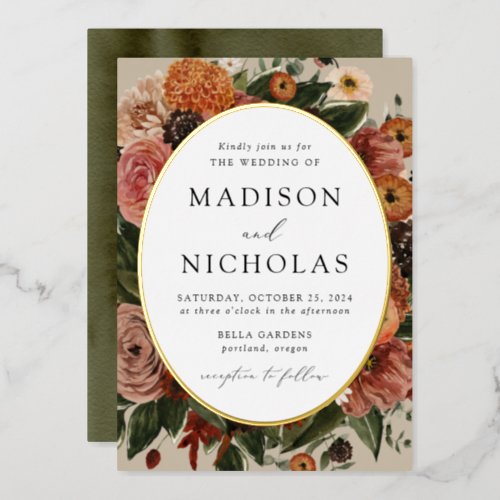 Boho Autumn Floral Oval Frame Wedding Foil Invitation