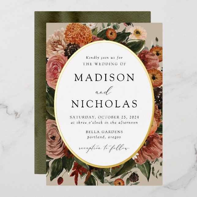 Boho Autumn Floral Oval Frame Wedding Foil Invitation (Front/Back)