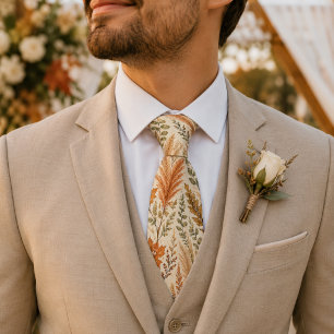 Boho Autumn Floral Pampas Grass Botanical Wedding Neck Tie