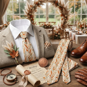 Boho Autumn Floral Pampas Grass Botanical Wedding Neck Tie