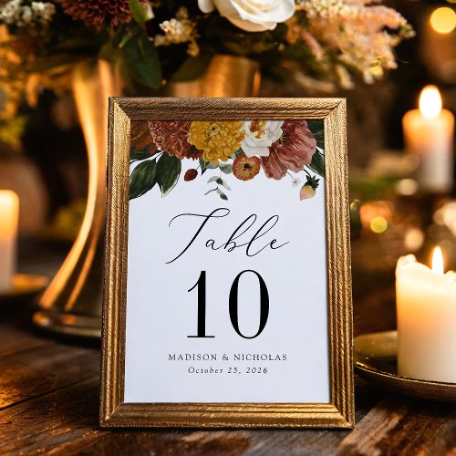 Boho Autumn Floral Personalized Wedding Table Number
