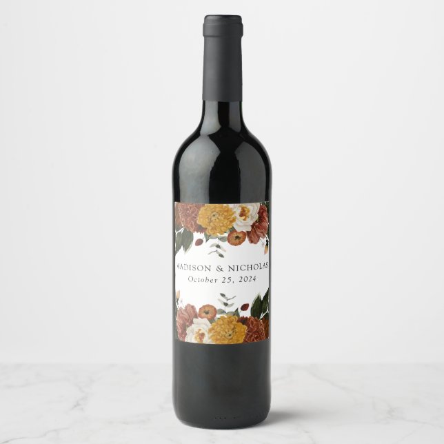 Boho Autumn Floral Personalized Wedding Wine Label (Front)