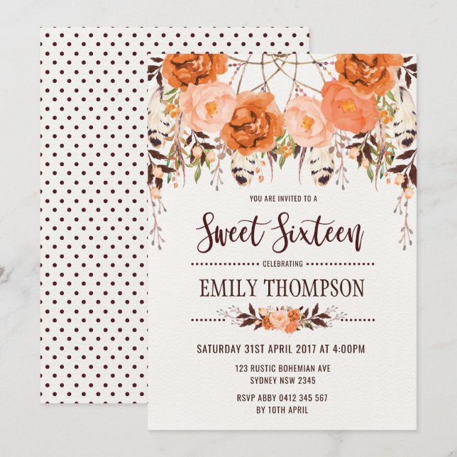 Boho Autumn Floral Sweet Sixteen Dreamcatcher Card (Front/Back)