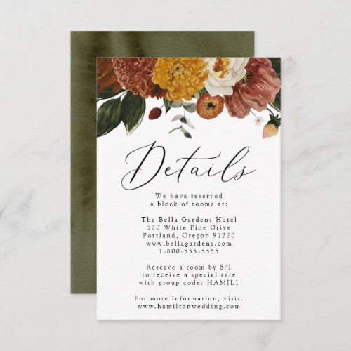 Boho Autumn Floral Wedding Guest Details Enclosure Card